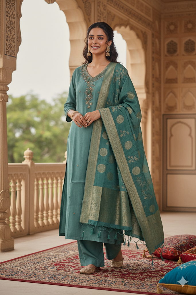 Teal Green Embroidered Salwar Suit Set with Woven Dupatta
