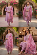 Lilac Floral Embroidered Kurta Set with Dupatta