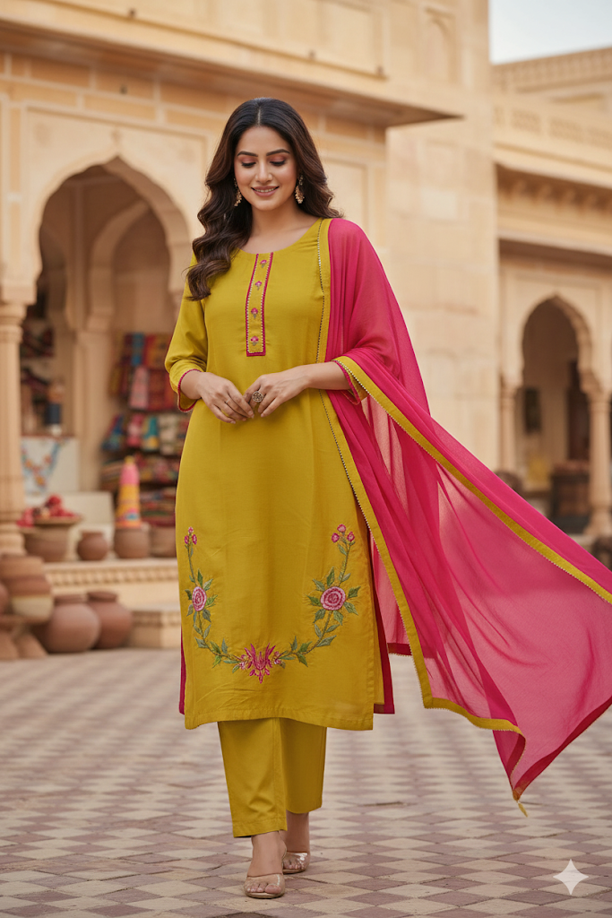 Mustard Yellow Kurta Set with Contrast Pink Dupatta