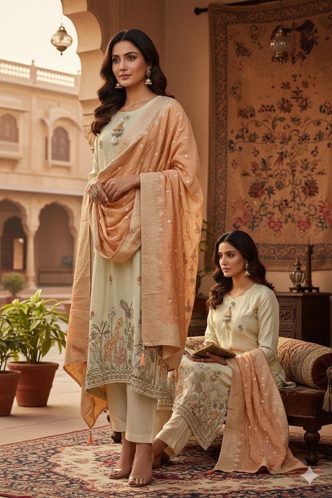 Peach Embroidered Kurta Set with Dupatta