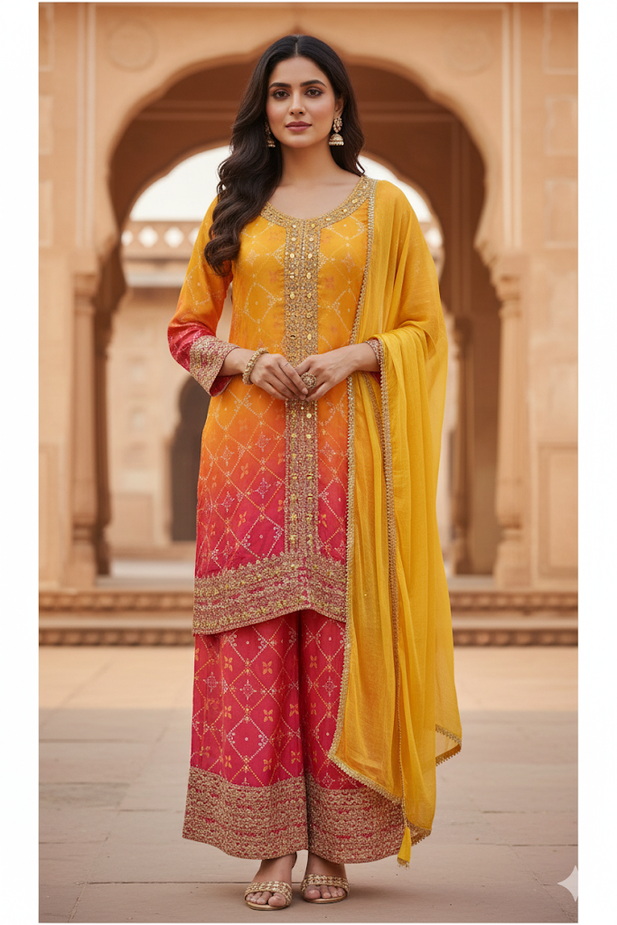 Orange & Pink Ombre Kurta Set with Dupatta