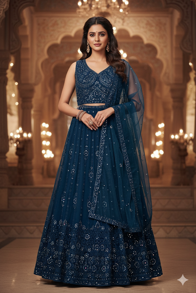 Navy Blue Embroidered Designer Lehenga Set with Dupatta