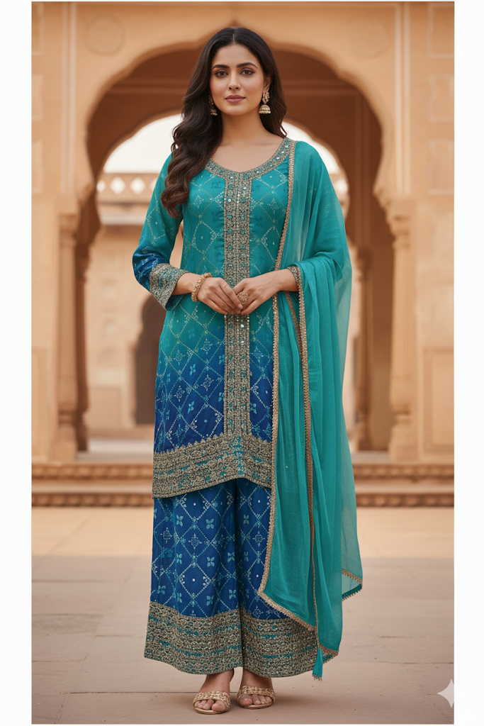 Teal Blue Embroidered Kurta Set with Dupatta