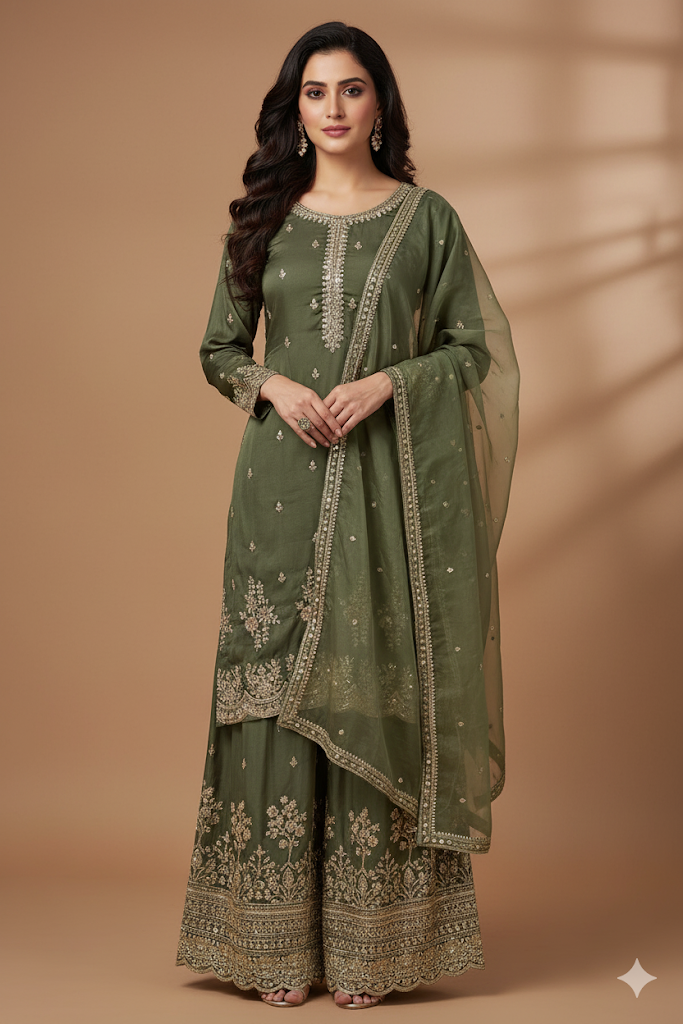 Green Ombre Embroidered Kurta Set with Dupatta